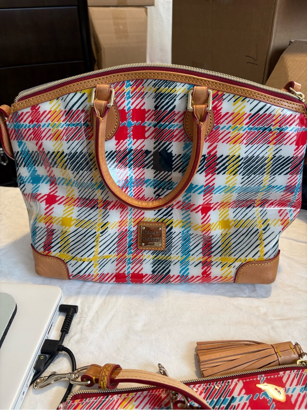 2014 Dooney & Bourke Chatham Plaid Satchel Tartan pattern with pouch